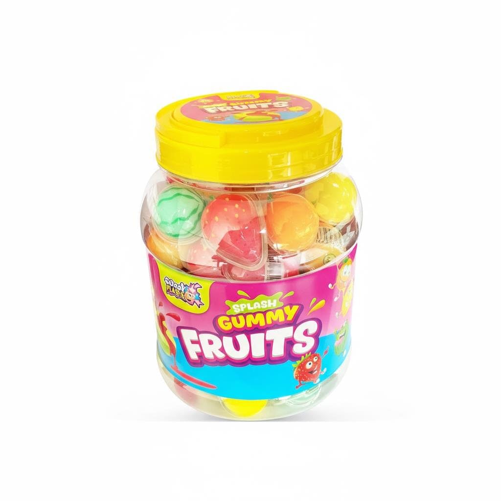 Splash Gummy Fruits 1080g (60 Stück) – 3D Fruchtgummi mit flüssigem Kern – Vorratsdose mit einzeln verpackten Fruchtformen