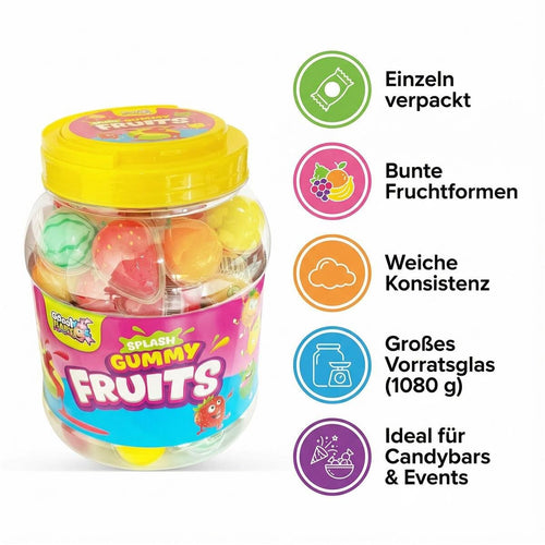 Splash Gummy Fruits 1080g (60 Stück) – 3D Fruchtgummi mit flüssigem Kern – Vorratsdose mit einzeln verpackten Fruchtformen