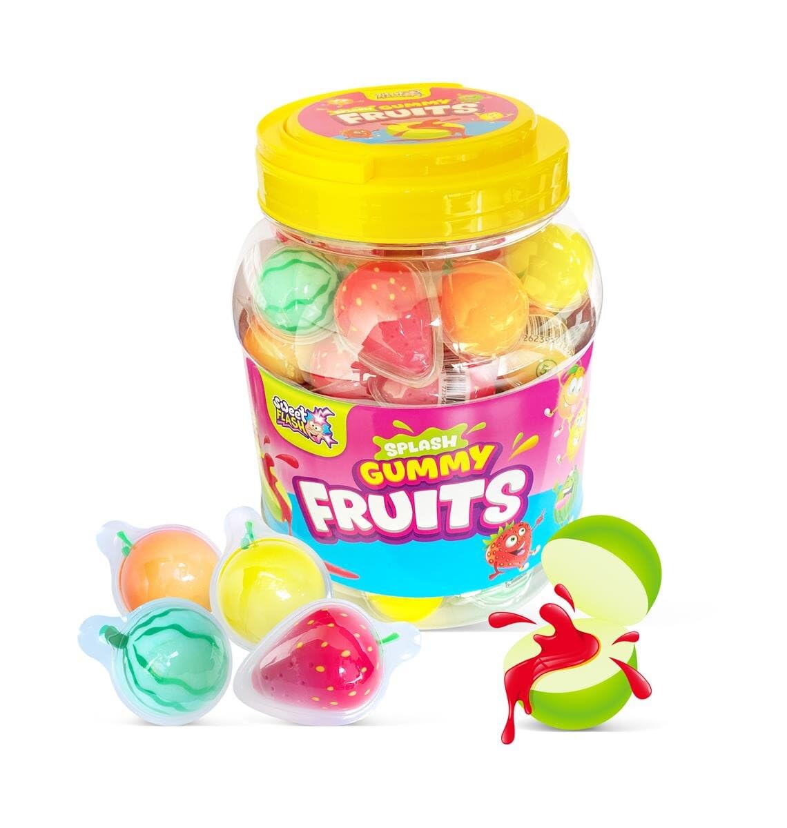 Splash Gummy Fruits 1080g (60 Stück) – 3D Fruchtgummi mit flüssigem Kern – Vorratsdose mit einzeln verpackten Fruchtformen