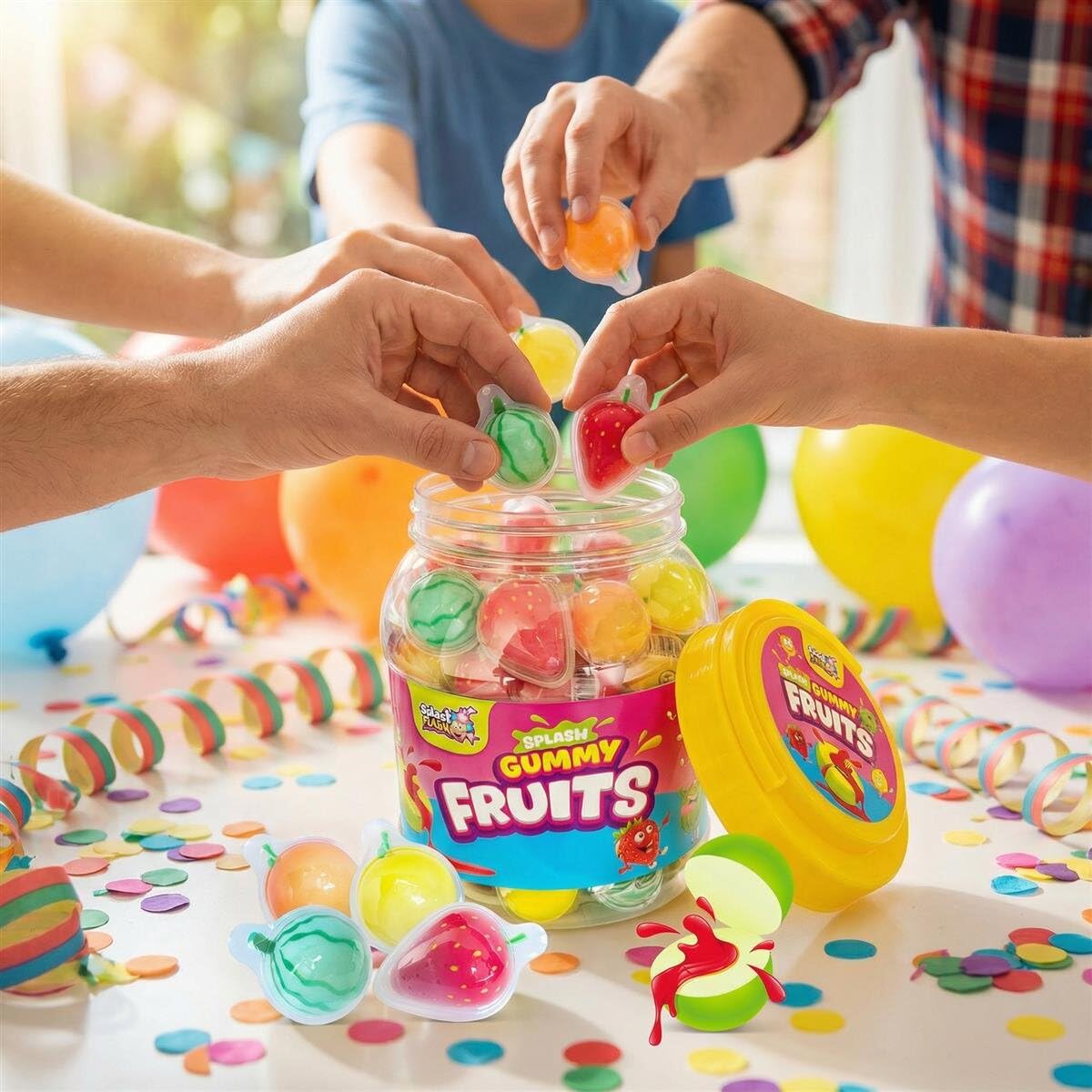 Splash Gummy Fruits 1080g (60 Stück) – 3D Fruchtgummi mit flüssigem Kern – Vorratsdose mit einzeln verpackten Fruchtformen