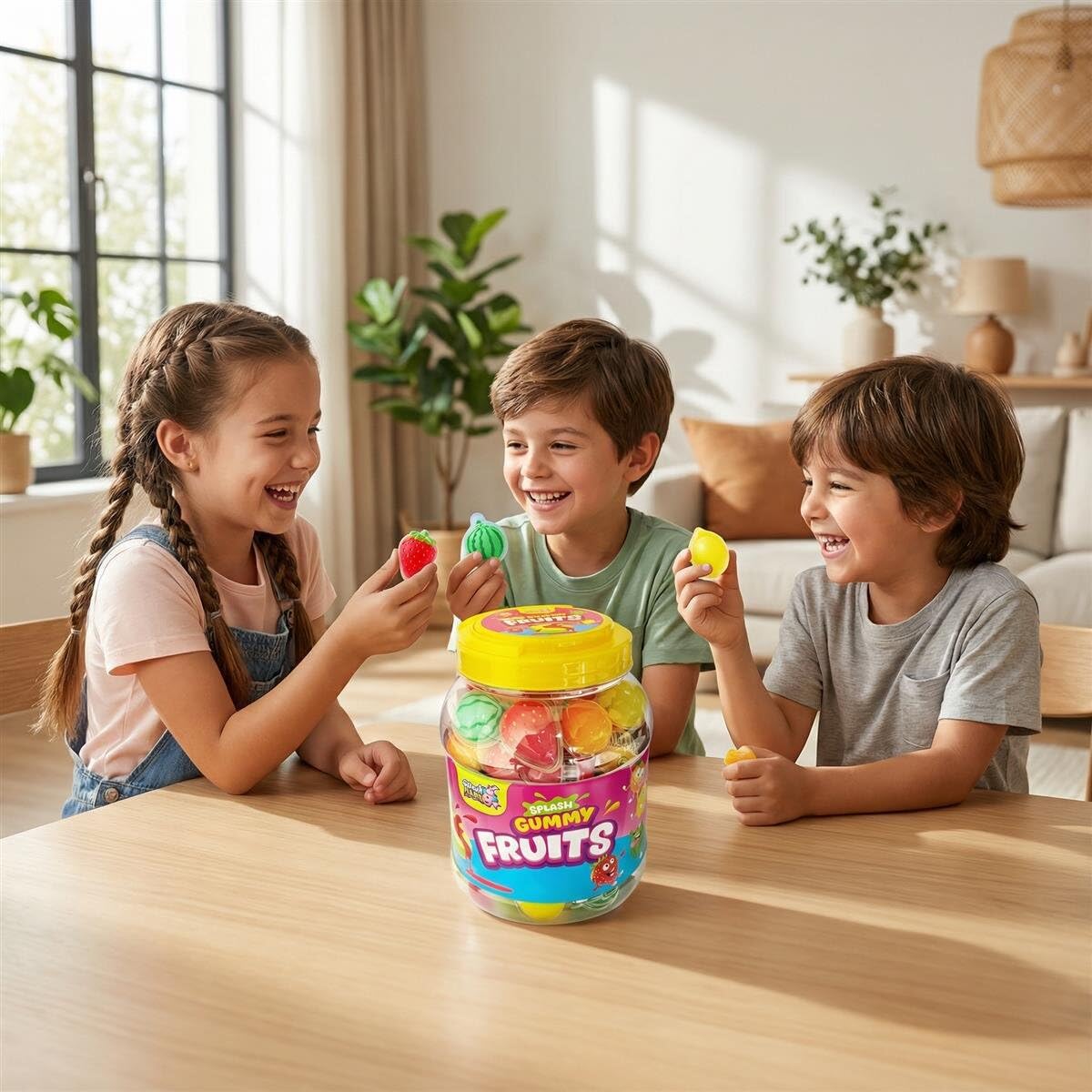 Splash Gummy Fruits 1080g (60 Stück) – 3D Fruchtgummi mit flüssigem Kern – Vorratsdose mit einzeln verpackten Fruchtformen
